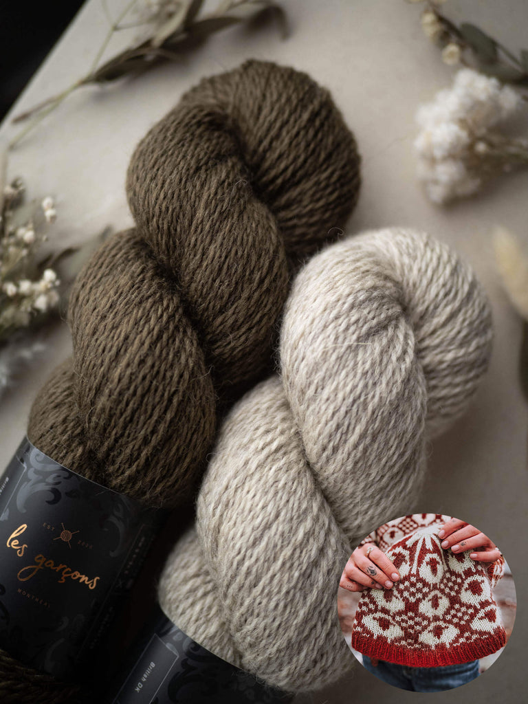 Two skeins of yarn, one army green and one beige, with a close-up inset of a knitted item.